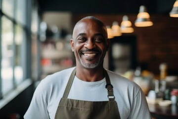 A butcher in an apron stands behind a counter displaying various cuts of meat in a bustling market setting.