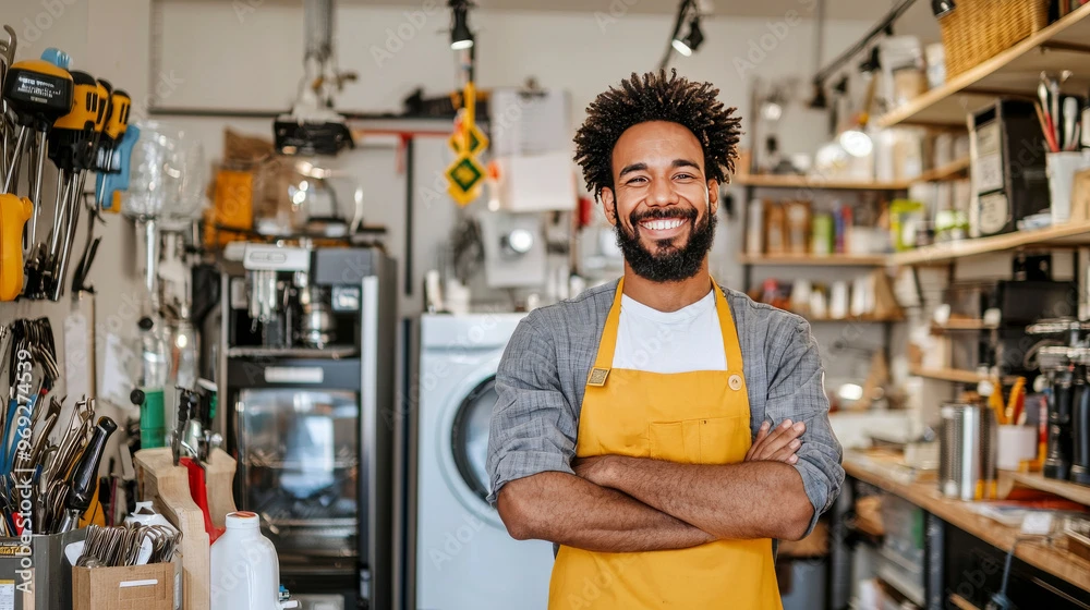 A person with vibrant, patterned clothing and a mustard yellow scarf poses against a warm, rustic café backdrop.